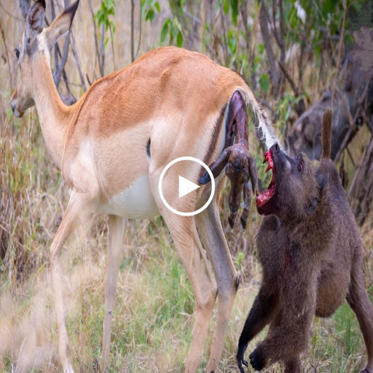 After trying to give birth and being attacked by a baboon, the mother antelope could only watch helplessly as her only child was taken away by the baboon with hopeless eyes.