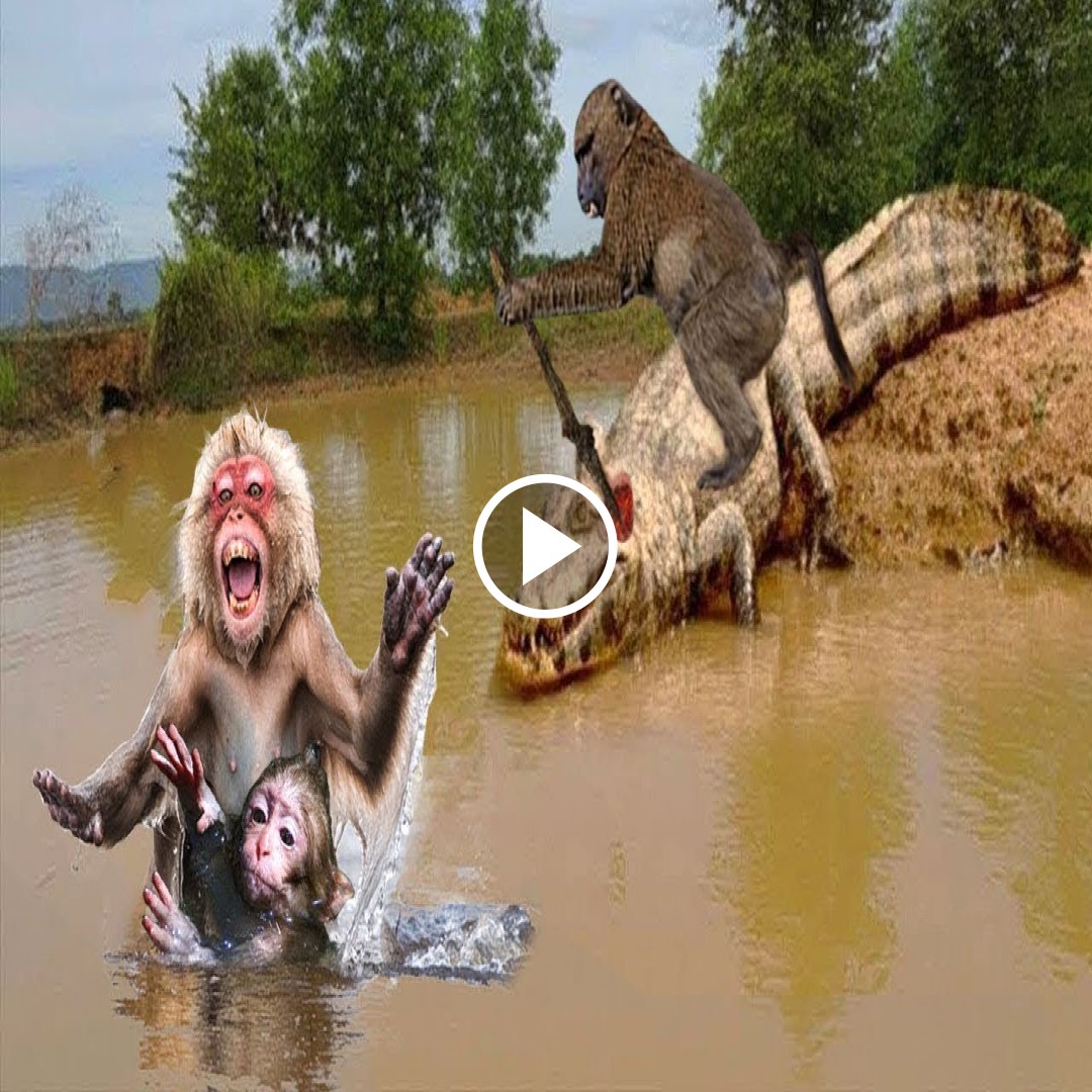 The alpha baboon risked his life and used a tree branch to jump into the river to blind the crocodile to rescue him when he heard the screams of his wife and children.